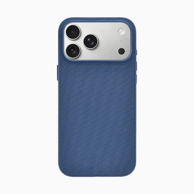 Blue phone case with textured finish on a white background