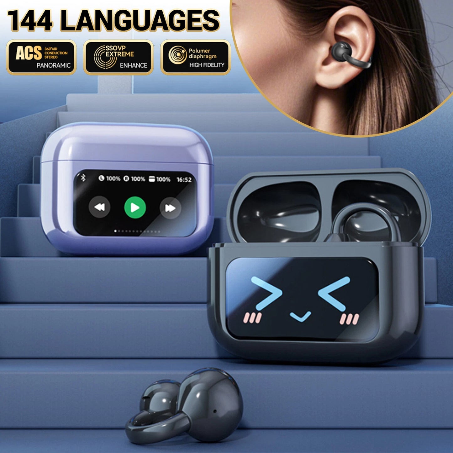 NexTECH® | AI Translation Ear-clip Earbuds with LCD Screen