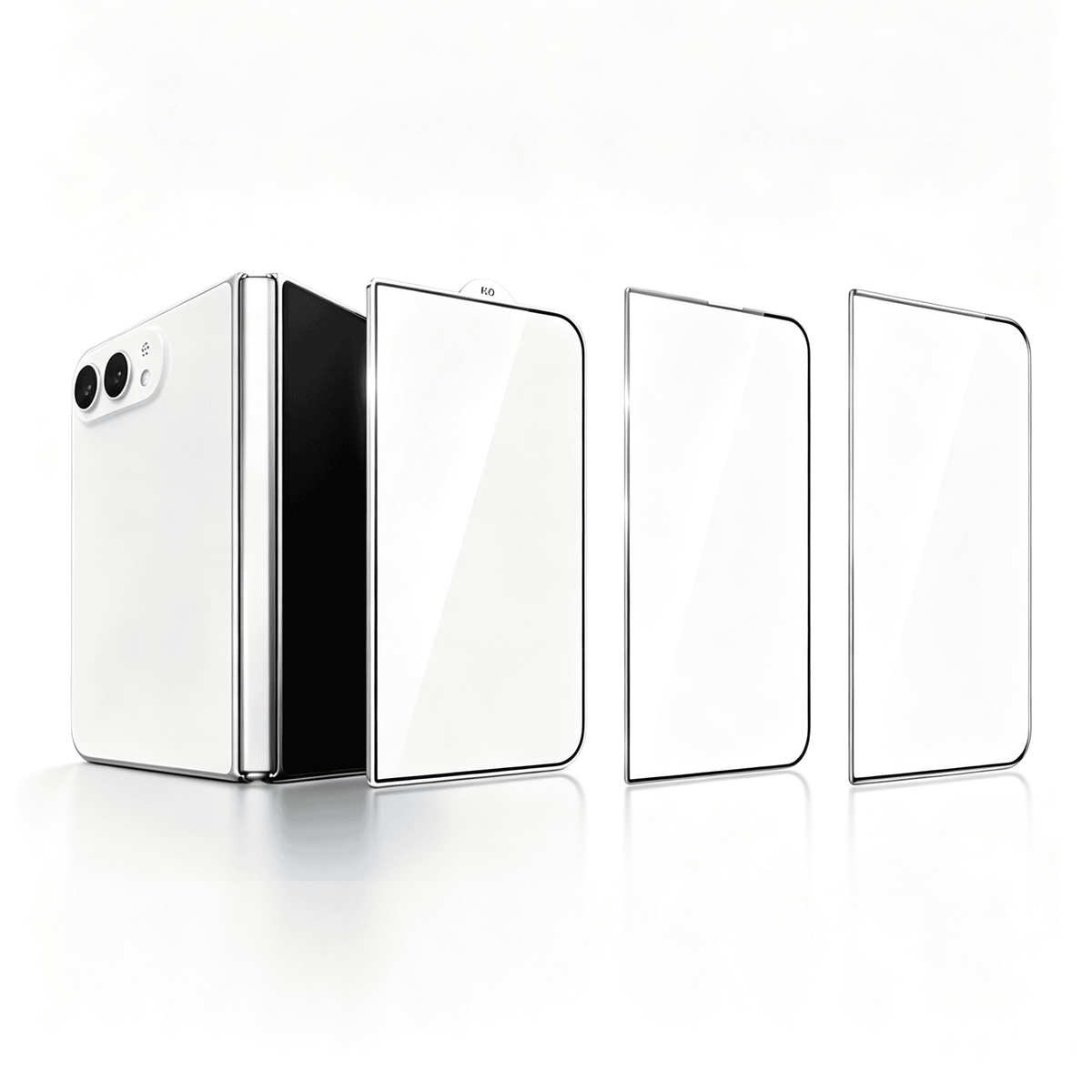 White foldable phone stands half-open next to three upright clear glass protectors in a row on white.