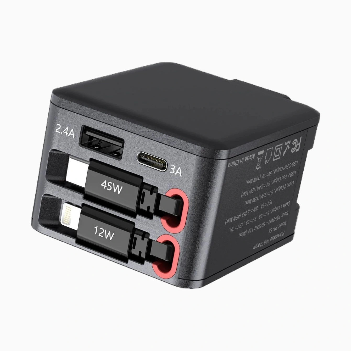 NexTECH® | 4-in-1 Retractable Fast Wall Charger – 84W Dual USB & Type-C Cables