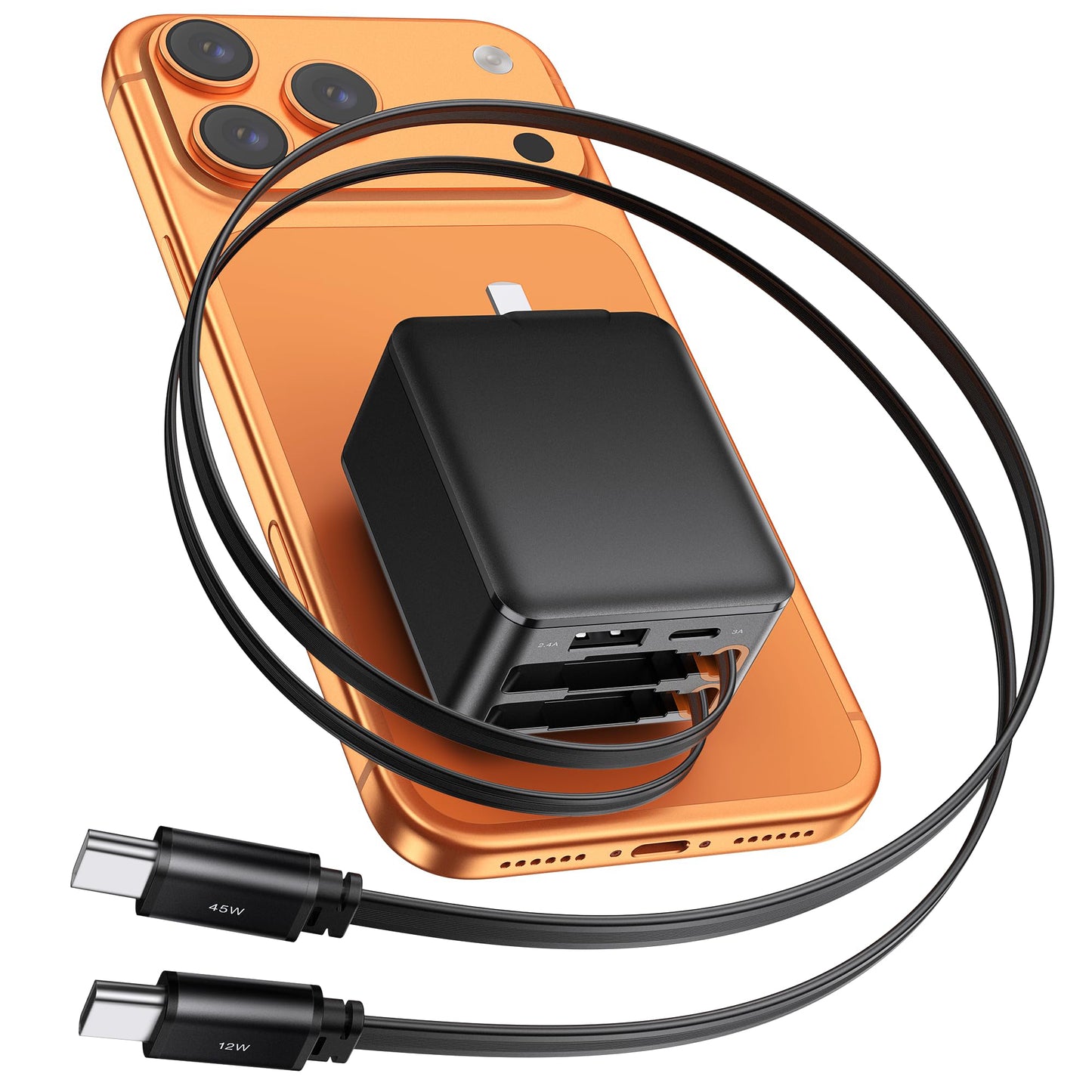 NexTECH® | 4-in-1 Retractable Fast Wall Charger – 84W Dual USB & Type-C Cables