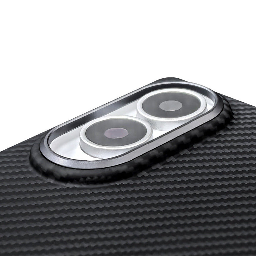 Close-up of the dual camera lenses and silver trim on the back of a black textured phone case.