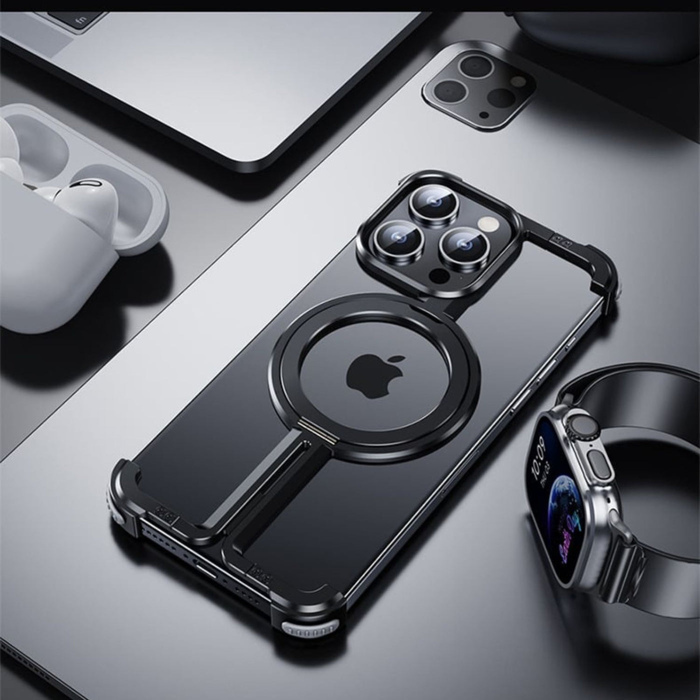 NexTECH® | Bezel-Less Metal Case with Kickstand & Magnetic Back for iPhone