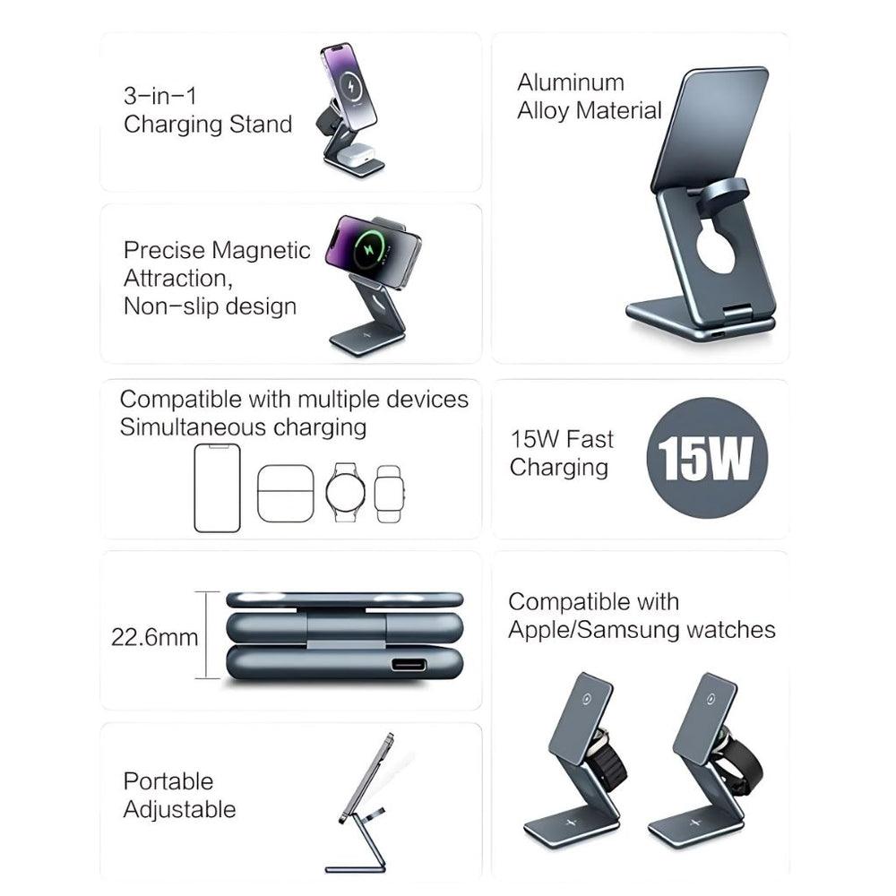 NexTECH® | 3-in-1 Metal Foldable Charger For Apple & Samsung - NexTECH