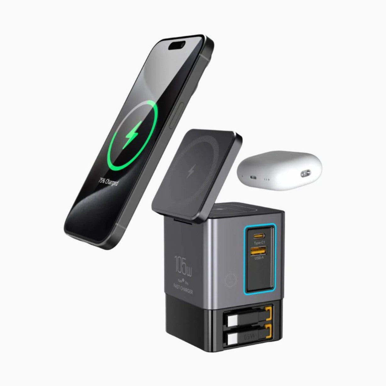 NexTECH® | 6-in-1 GaN charger with 2 Retractable Cables and MagSafe (105W) - NexTECH