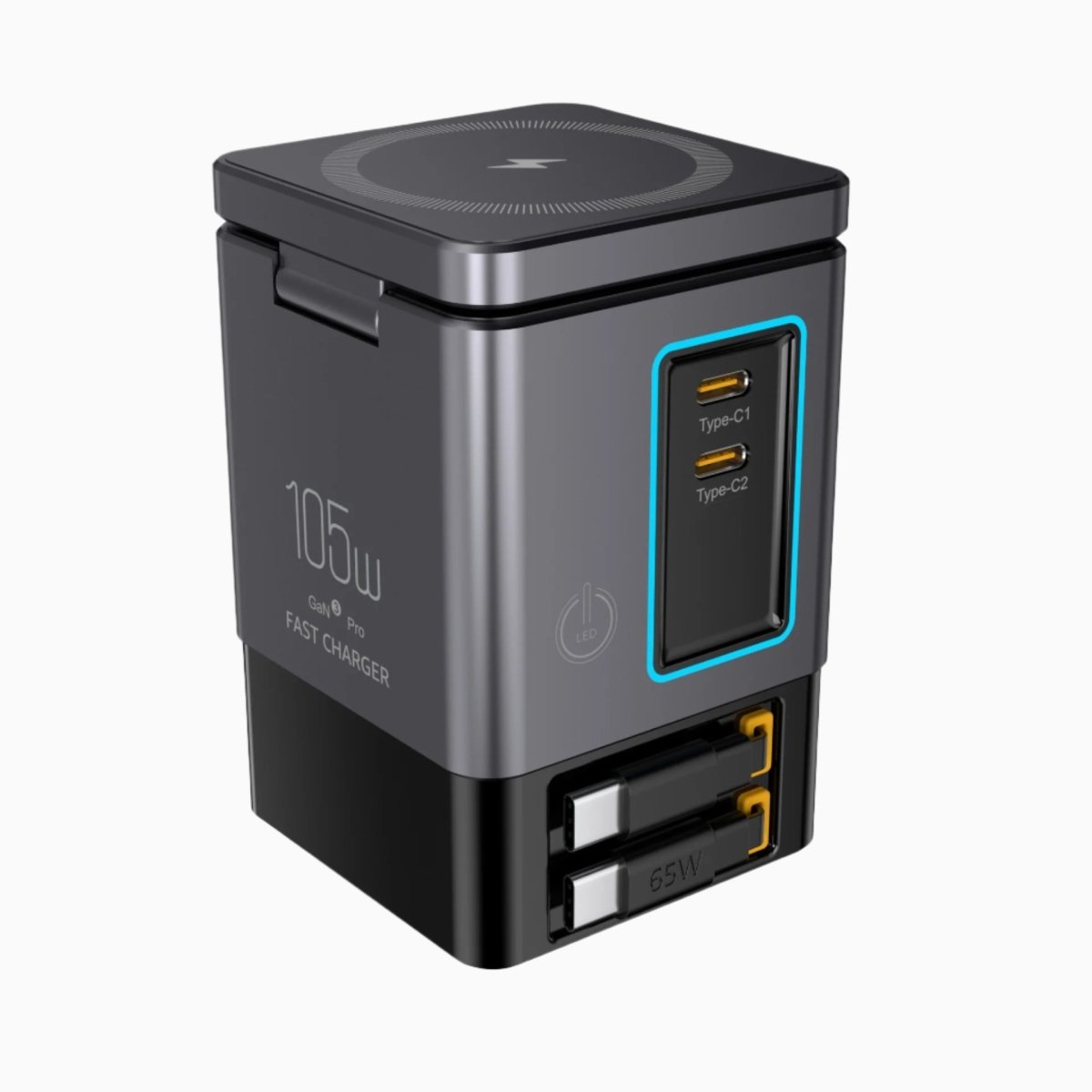 NexTECH® | 6-in-1 GaN charger with 2 Retractable Cables and MagSafe (105W) - NexTECH