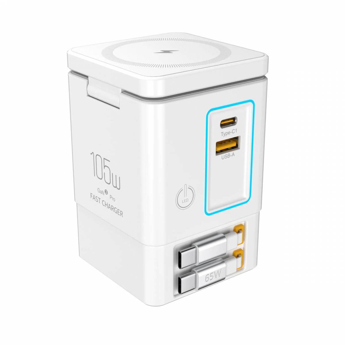 NexTECH® | 6 - in - 1 GaN charger with 2 Retractable Cables and MagSafe (105W) - NexTECH5717873789835