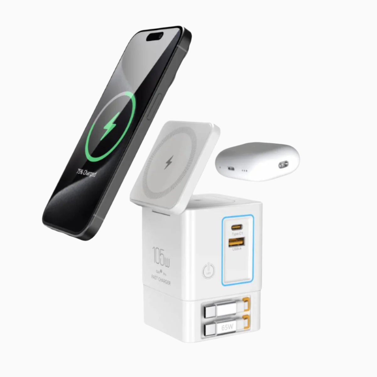 NexTECH® | 6 - in - 1 GaN charger with 2 Retractable Cables and MagSafe (105W) - NexTECH5717873789835
