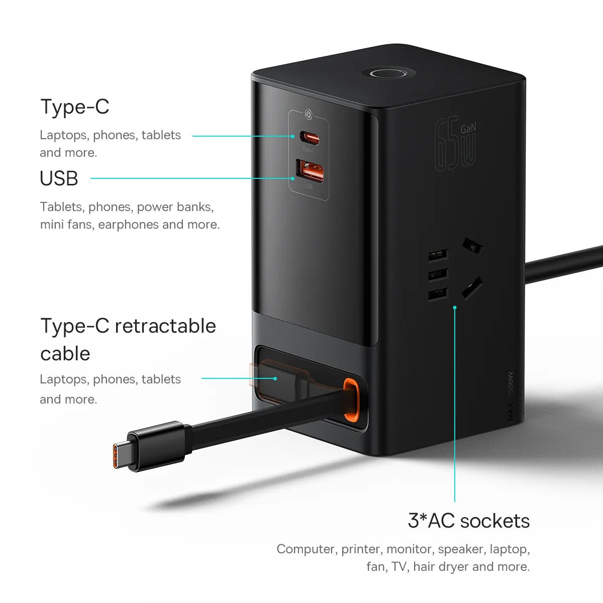 NexTECH® | 65W GaN Multiport Phone Charger With Retractable Cable - NexTECH