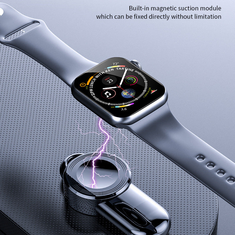 Smartwatch charging on a wireless charger with text highlighting magnetic positioning and automatic adsorption.