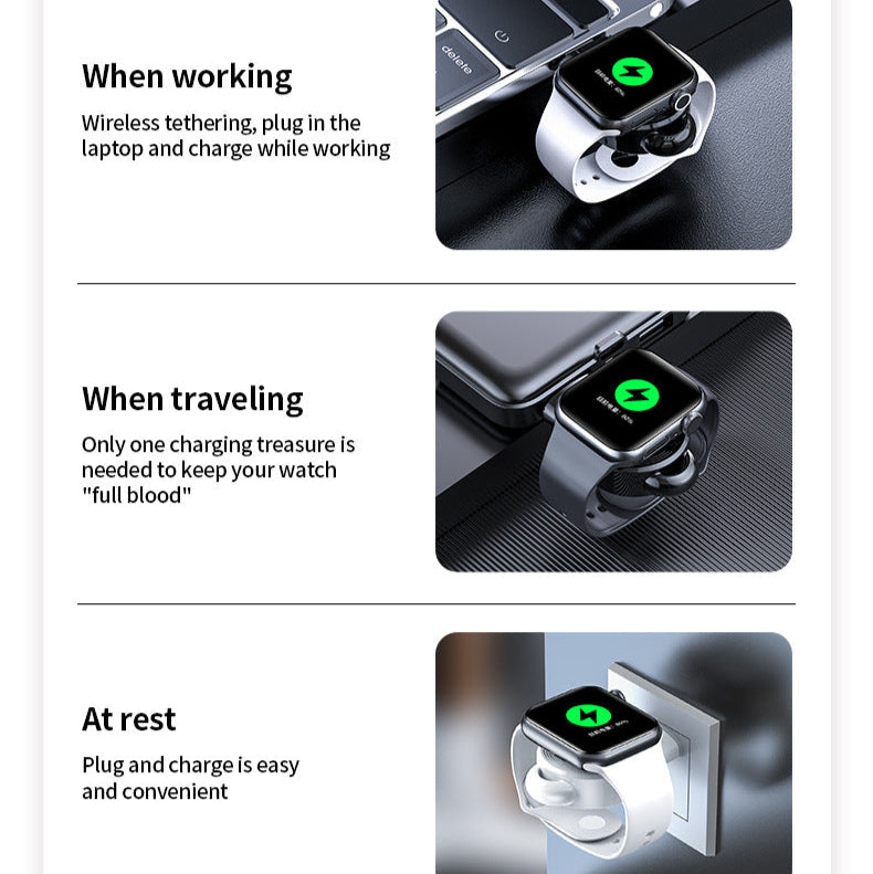 Smartwatch charging case with usage scenarios on a white background