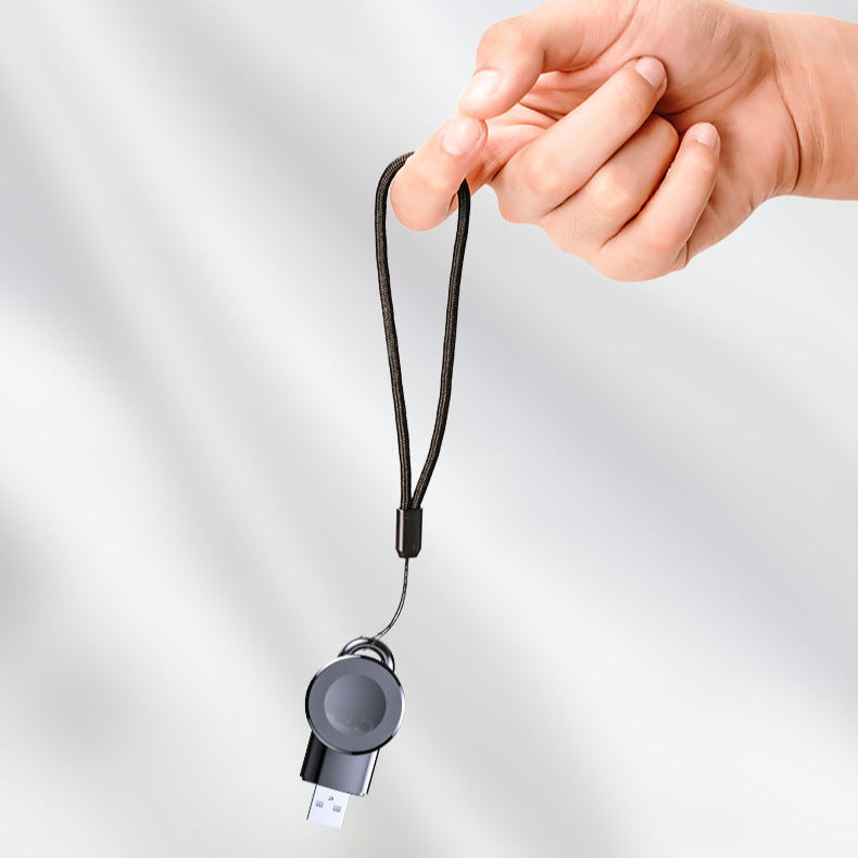 Hand holding a wireless charger on a lanyard with text 'Easy to carry' on a light gray background.