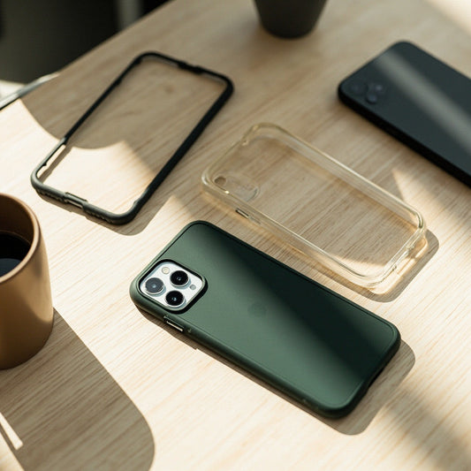 Minimalist flat lay of 3 premium iPhone cases on a wooden desk - iPhone Case Buying Guide 2026