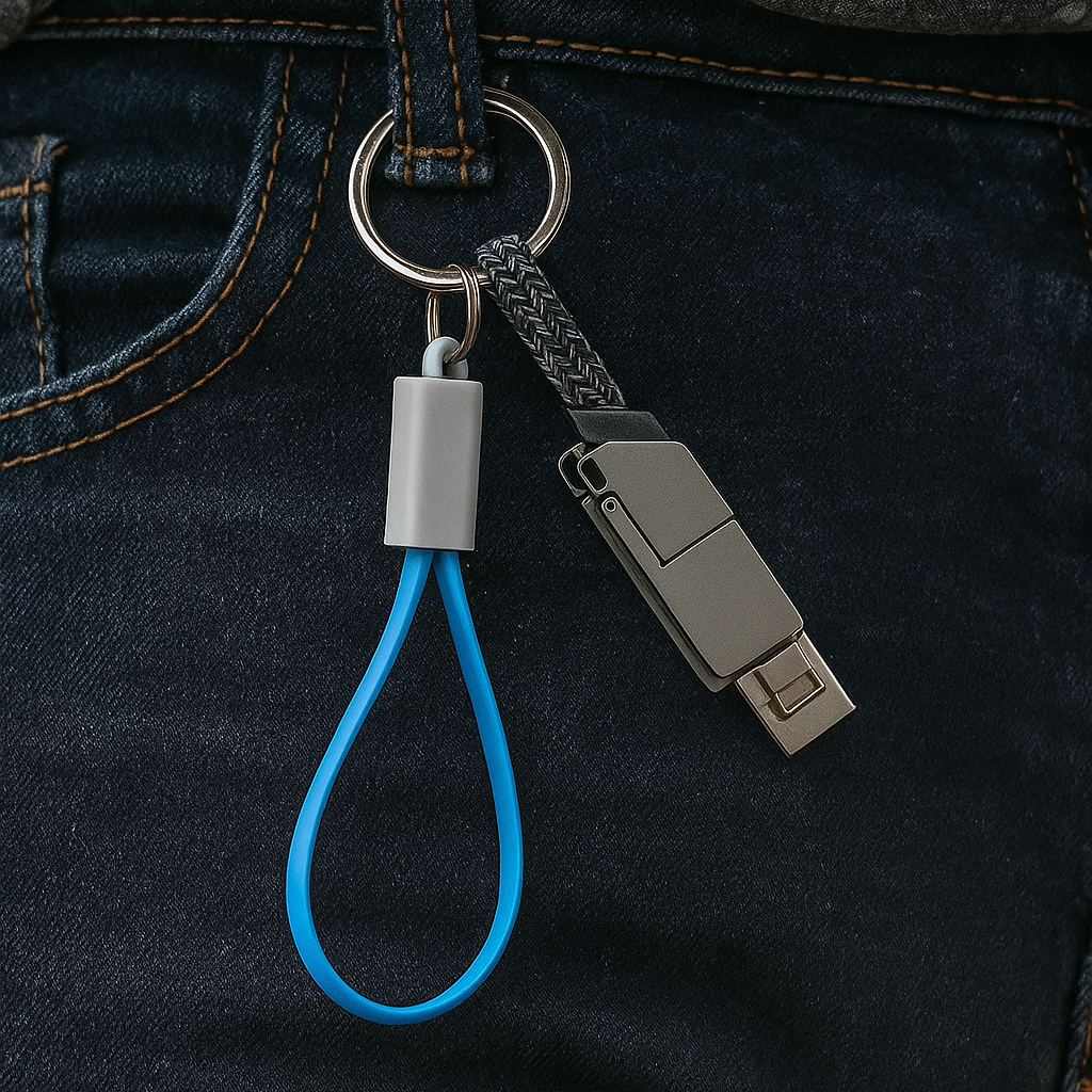 Keychain with USB device attached to a dark fabric background
