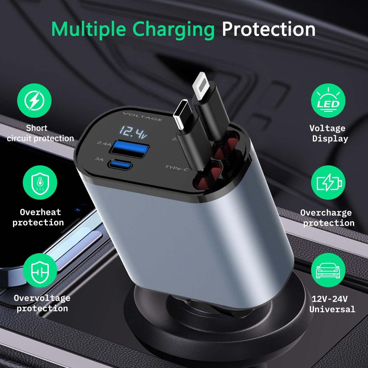 NexTECH® | محول شاحن سيارة USB بأربعة منافذ مع شاشة رقمية - موزع ولاعة سجائر