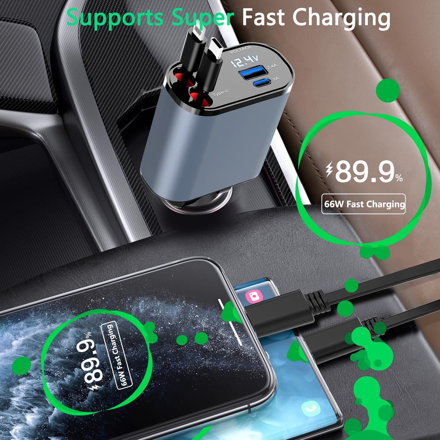 NexTECH® | محول شاحن سيارة USB بأربعة منافذ مع شاشة رقمية - موزع ولاعة سجائر