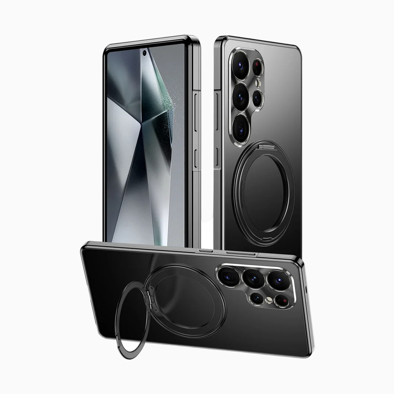 Smartphone with a ring holder attachment on a white background