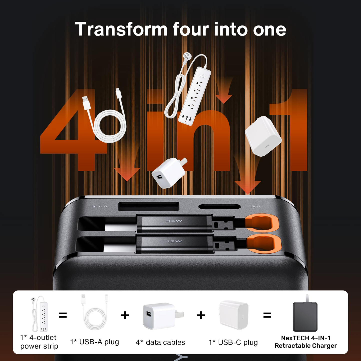 NexTECH® | 4-in-1 Retractable Fast Wall Charger – 84W Dual USB & Type-C Cables