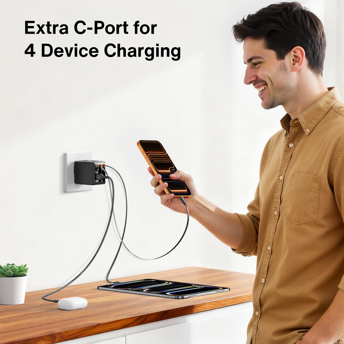 NexTECH® | 4-in-1 Retractable Fast Wall Charger – 84W Dual USB & Type-C Cables