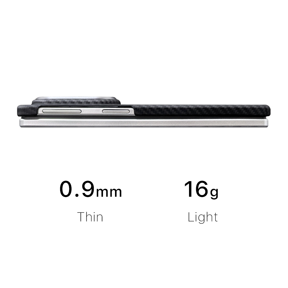 Side profile of a closed foldable phone showing the thin black case with 0.9mm and 16g text below.