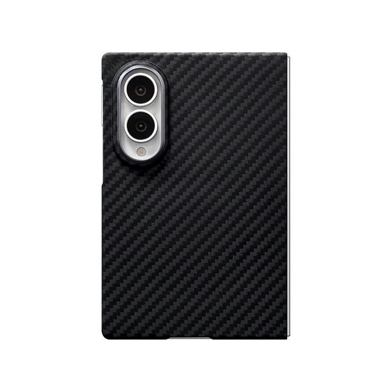 The rear view of a folded smartphone in a black case featuring a diagonal woven pattern and camera cutout.
