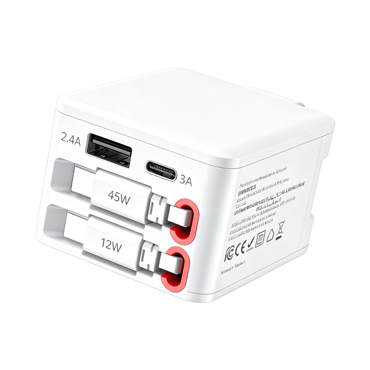 NexTECH® | 4-i-1 udtrækkelig hurtig vægoplader – 84W dobbelt USB- og Type-C-kabler
