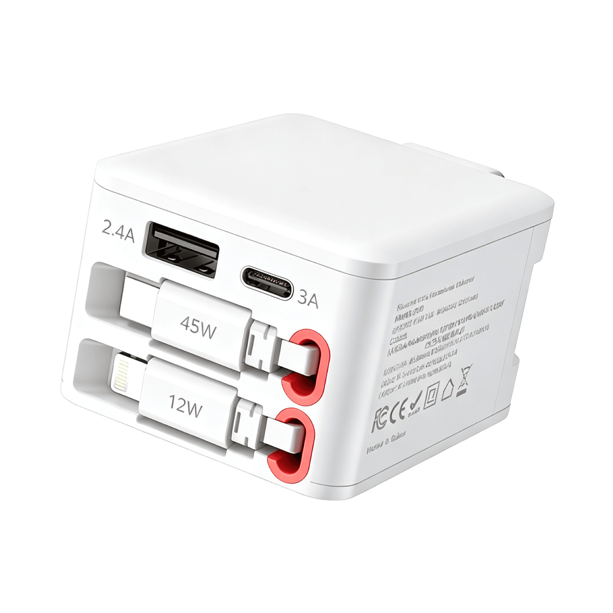 NexTECH® | 4-i-1 udtrækkelig hurtig vægoplader – 84W dobbelt USB- og Type-C-kabler