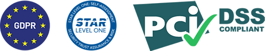 Logos for GDPR, STAR Level One, and PCI DSS Compliance on a white background