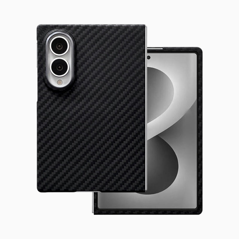 A black aramid fiber case is shown on a folded phone next to an open device with a grey screen.
