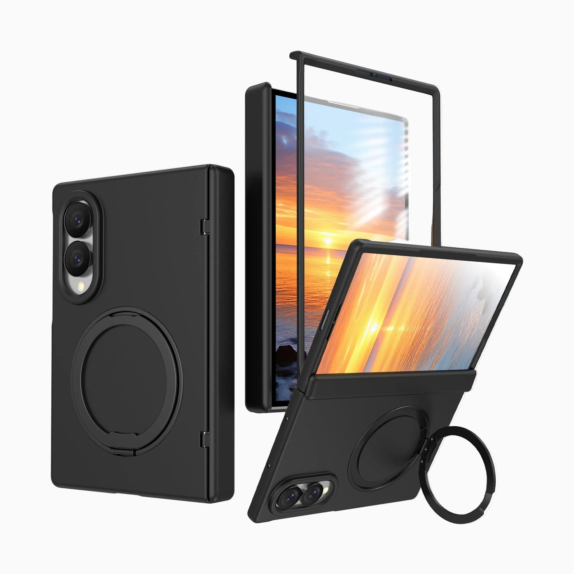 Black protective phone case with a built-in kickstand and circular magnetic ring, shown from multiple angles on a white background.