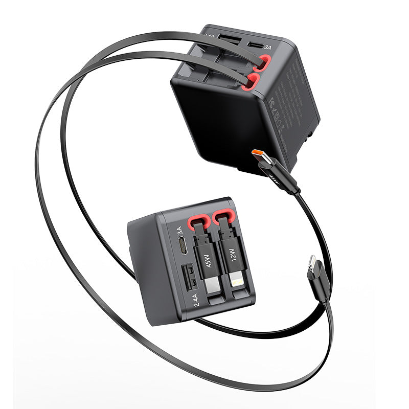 NexTECH® | 4-in-1 Retractable Fast Wall Charger – 84W Dual USB & Type-C Cables