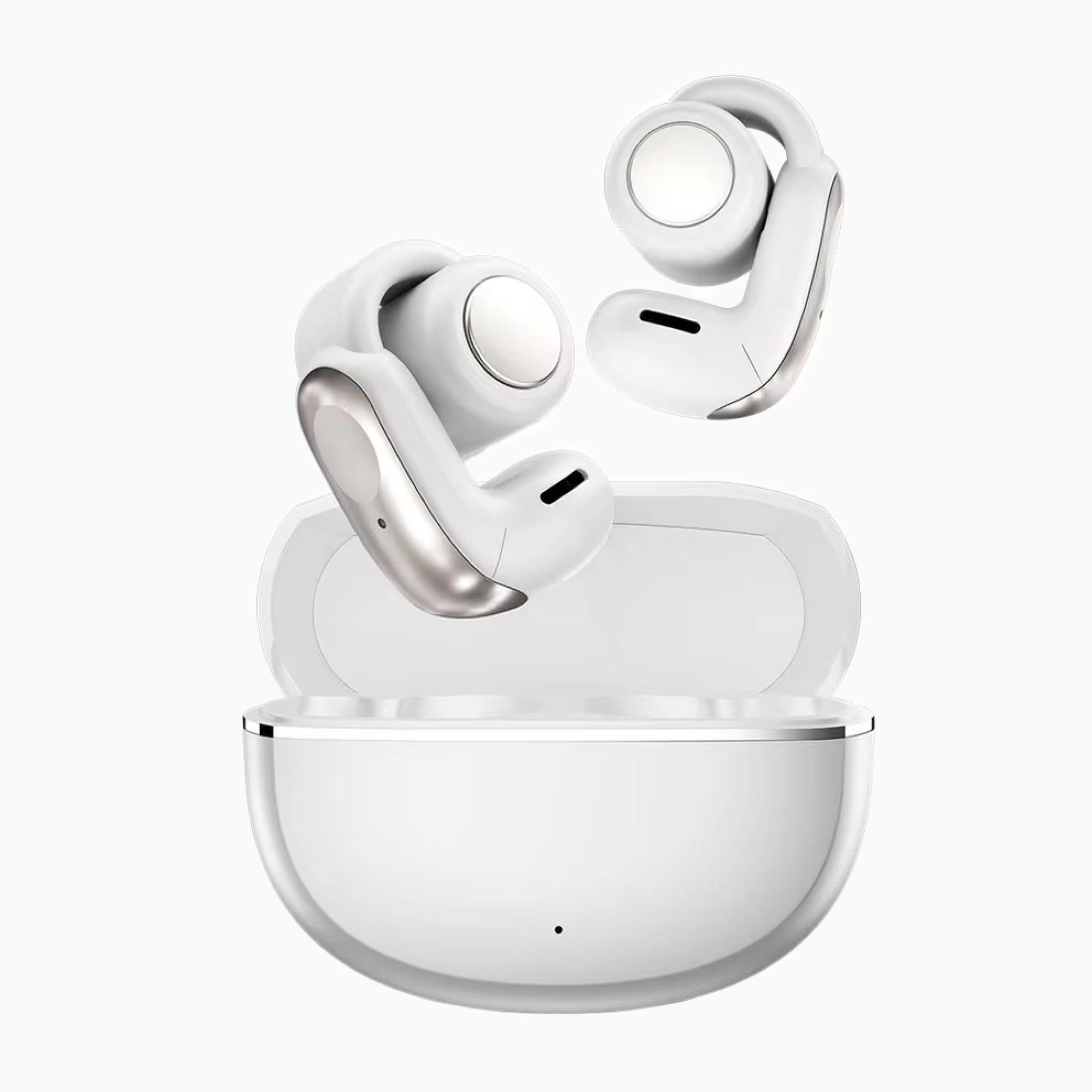 Wireless earbuds with charging case on a white background