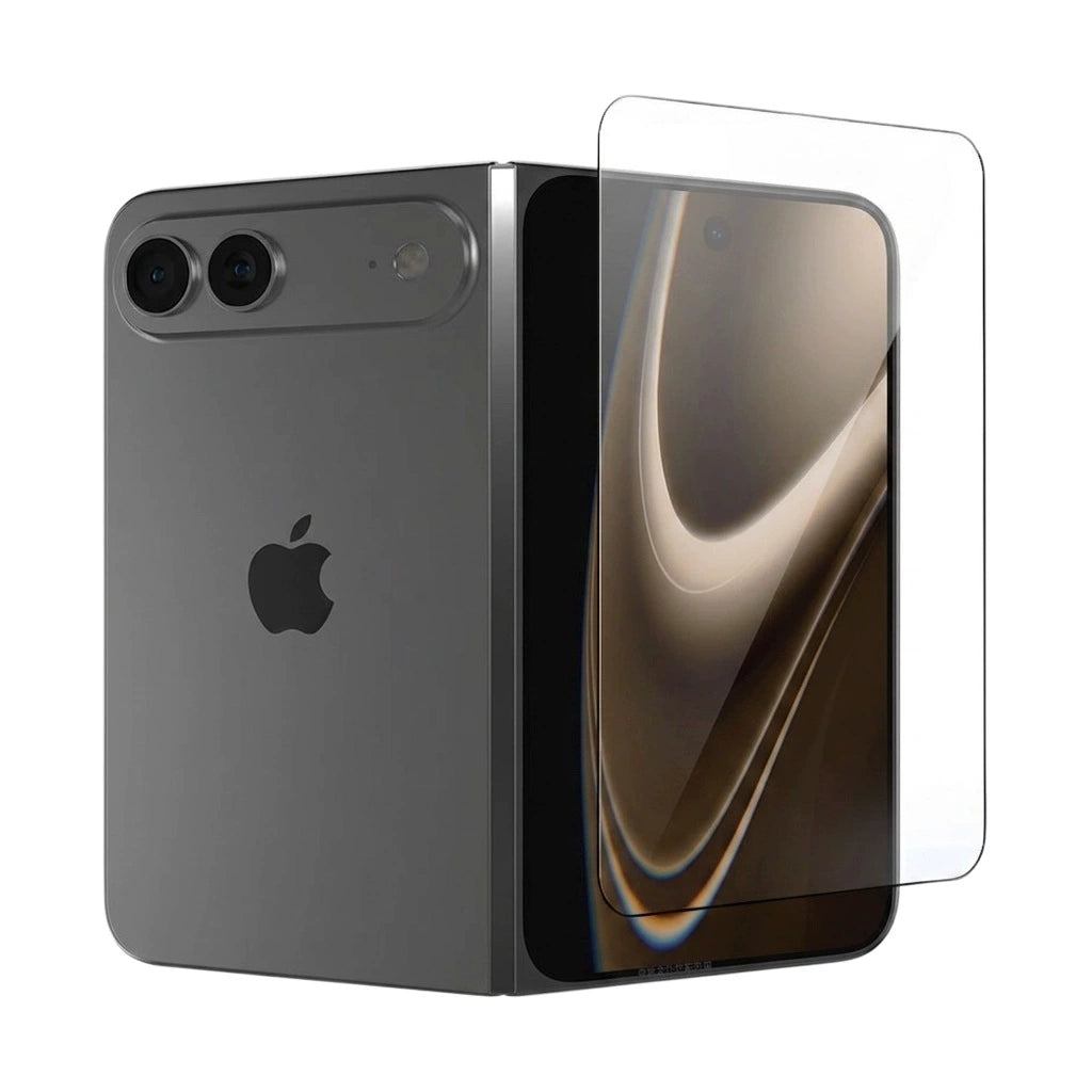 Half-folded gray foldable phone with rear Apple logo shown beside a clear protector over its inner display.