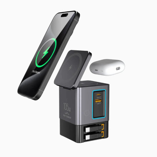 NexTECH® | 6 - in - 1 GaN charger with 2 Retractable Cables and MagSafe (105W) - NexTECH5717873789830