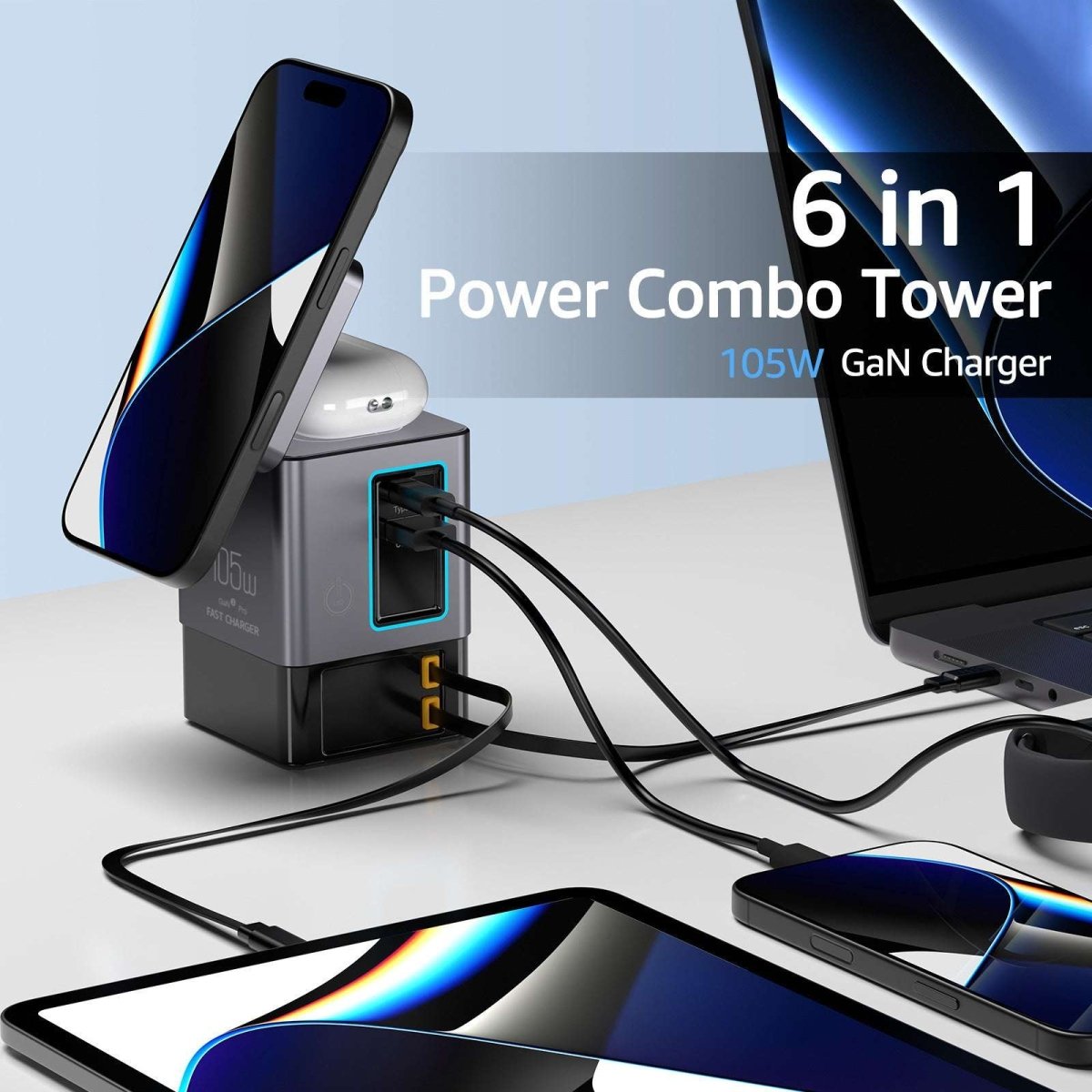 NexTECH® | 6 - in - 1 GaN charger with 2 Retractable Cables and MagSafe (105W) - NexTECH5717873789830