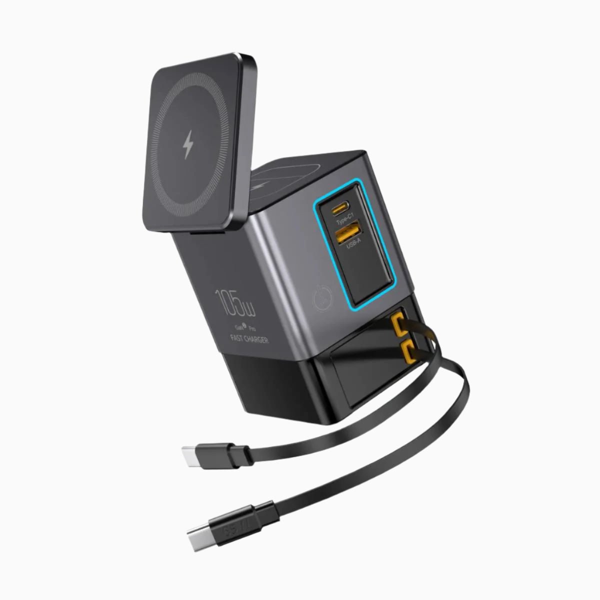 NexTECH® | 6 - in - 1 GaN charger with 2 Retractable Cables and MagSafe (105W) - NexTECH5717873789830