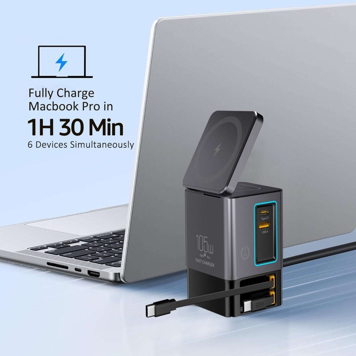 NexTECH® | 6 - in - 1 GaN charger with 2 Retractable Cables and MagSafe (105W) - NexTECH5717873789830